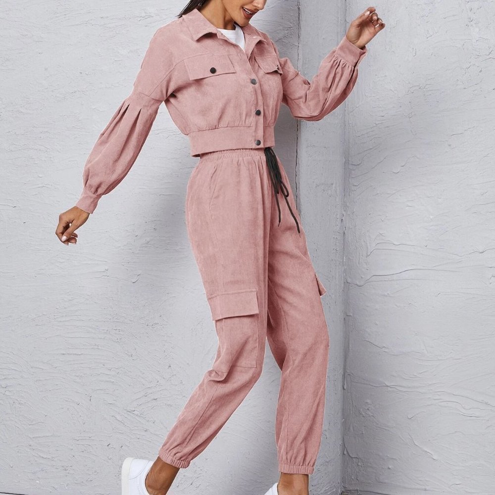 Dusty Pink Boho Womens Corduroy Flap Detail Jacket With Tie Front Cargo Pants - Picture 4 of 5